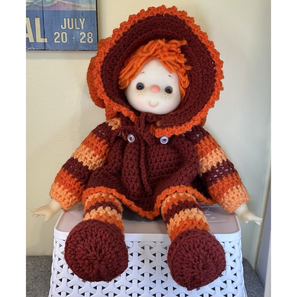 Vintage Doll Hand Crochet Very‎ Well Hand Made 18" Toes to Hat Brown and Orange